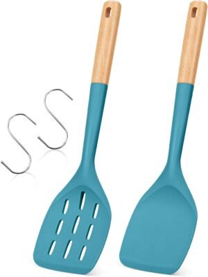 2-Pack Blue Silicone Spatula Set Wooden Handle Non-Stick