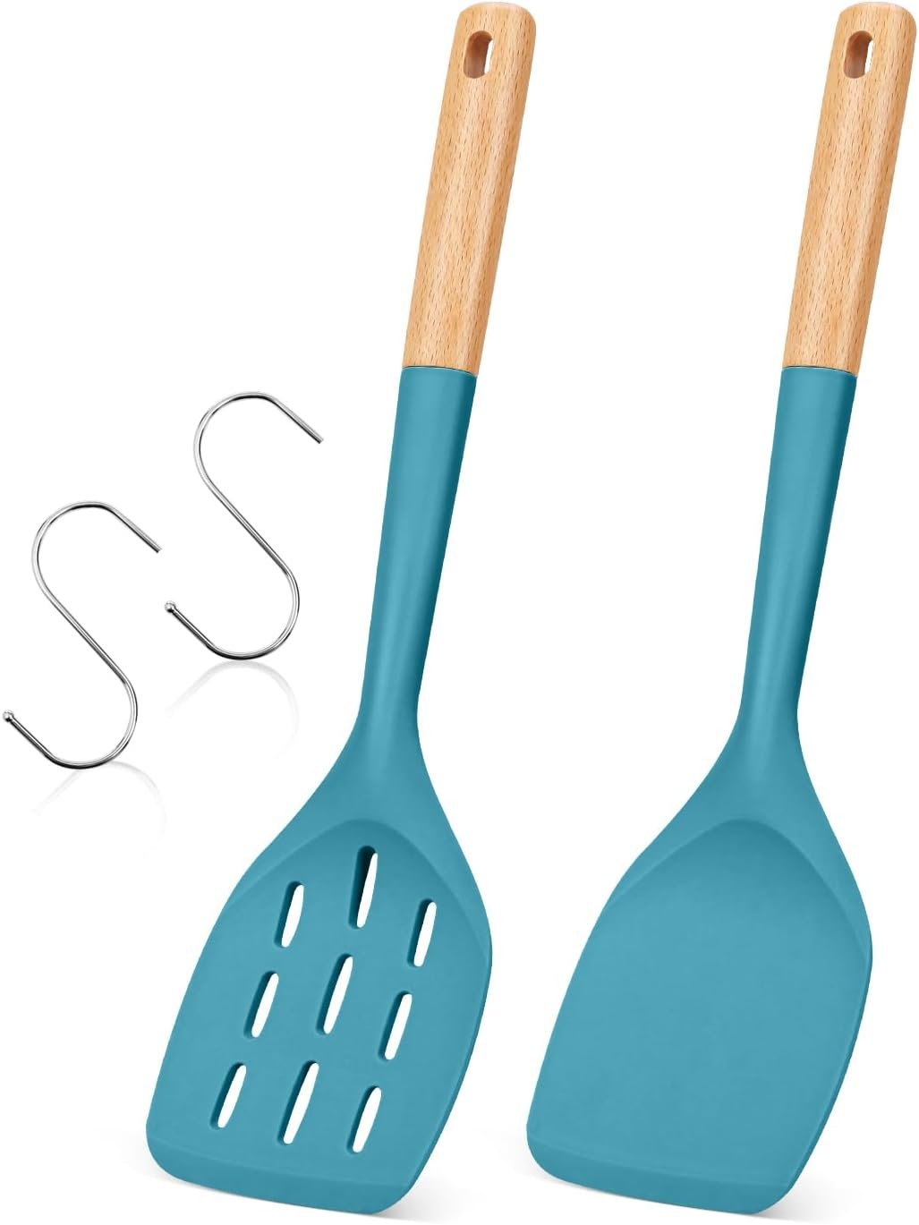 2-Pack Blue Silicone Spatula Set Wooden Handle Non-Stick