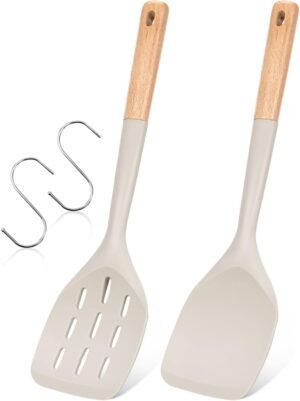 2-Pack Khaki Silicone Spatula Set Wooden Handle Non-Stick