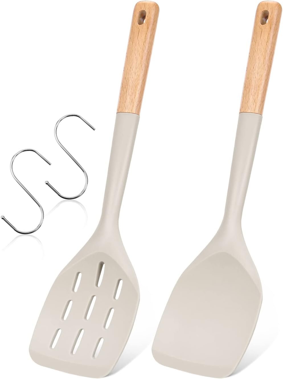 2-Pack Khaki Silicone Spatula Set Wooden Handle Non-Stick