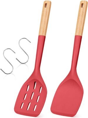 2-Pack Red Silicone Spatula Set Wooden Handle Non-Stick