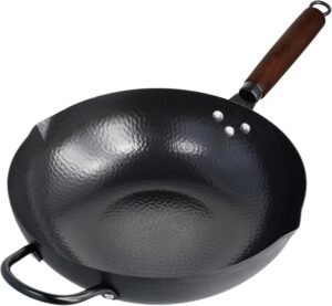 11.8 Inch Carbon Steel Wok with Double Spouts Wood Handle Flat Bottom