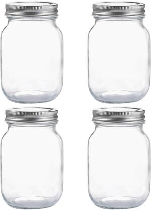 4-Pack 16 oz Clear Glass Mason Jars with Silver Metal Lids