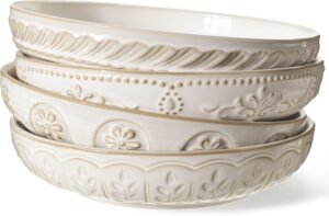50oz Large White Embossed Shallow Pasta Bowl Set of 4 Multiple Patterns