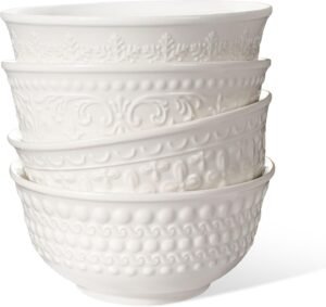 30 Oz Embossed White Cereal Soup Bowl Set of 4 Multiple Patterns