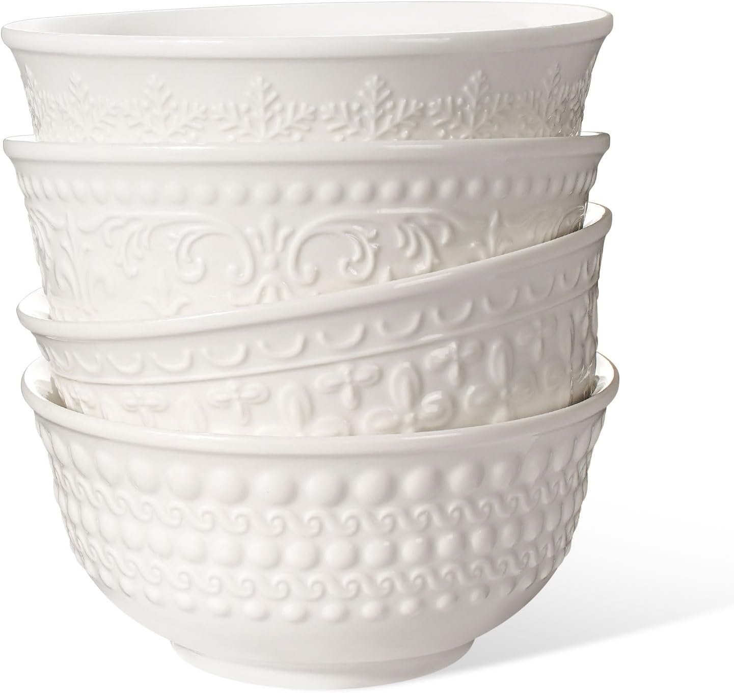 30 Oz Embossed White Cereal Soup Bowl Set of 4 Multiple Patterns