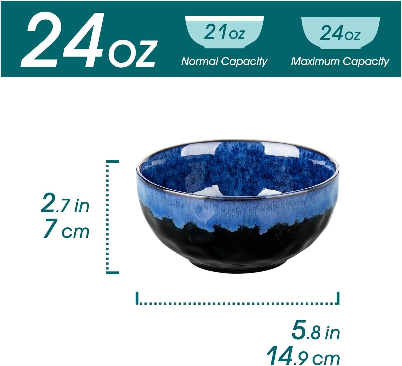 24oz Blue Ceramic Soup Cereal Bowls Set of 4 - Image 2