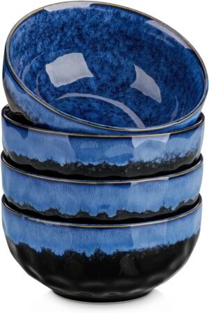 24oz Blue Ceramic Soup Cereal Bowls Set of 4
