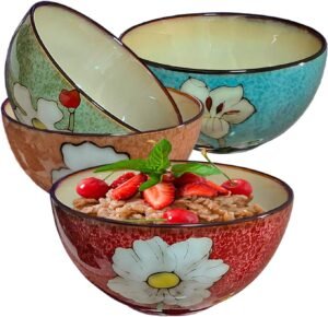 28oz Floral Ceramic Cereal Bowl Set of 4 Retro Patterns