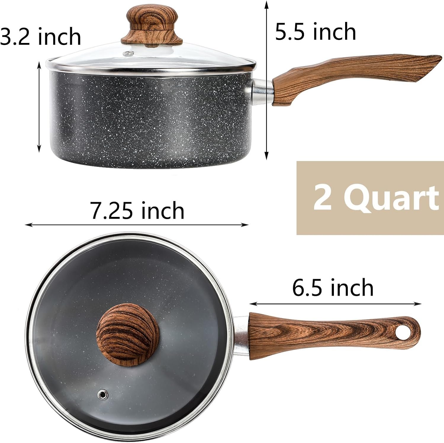 2 Quart Nonstick Sauce Pan with Lid Stone Granite Coating Pour Spout - Image 2