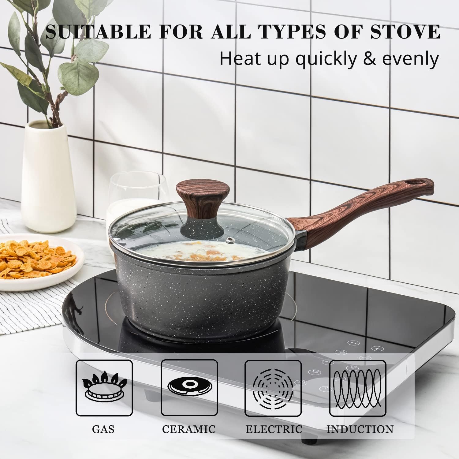 1.5QT Nonstick Sauce Pan with Lid Swiss Granite Coating - Image 2