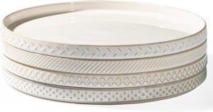 10.5 Inch Off White Embossed Ceramic Salad Dinner Plates Set of 4