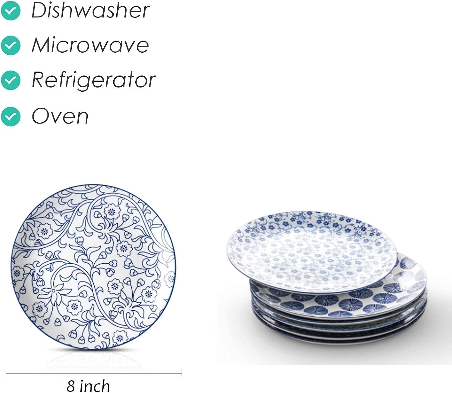 8-Inch Vintage Blue Porcelain Serving Plates Set of 6 - Image 2