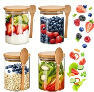 4-Pack 18.5Oz Glass Jars with Bamboo Lids and Spoons
