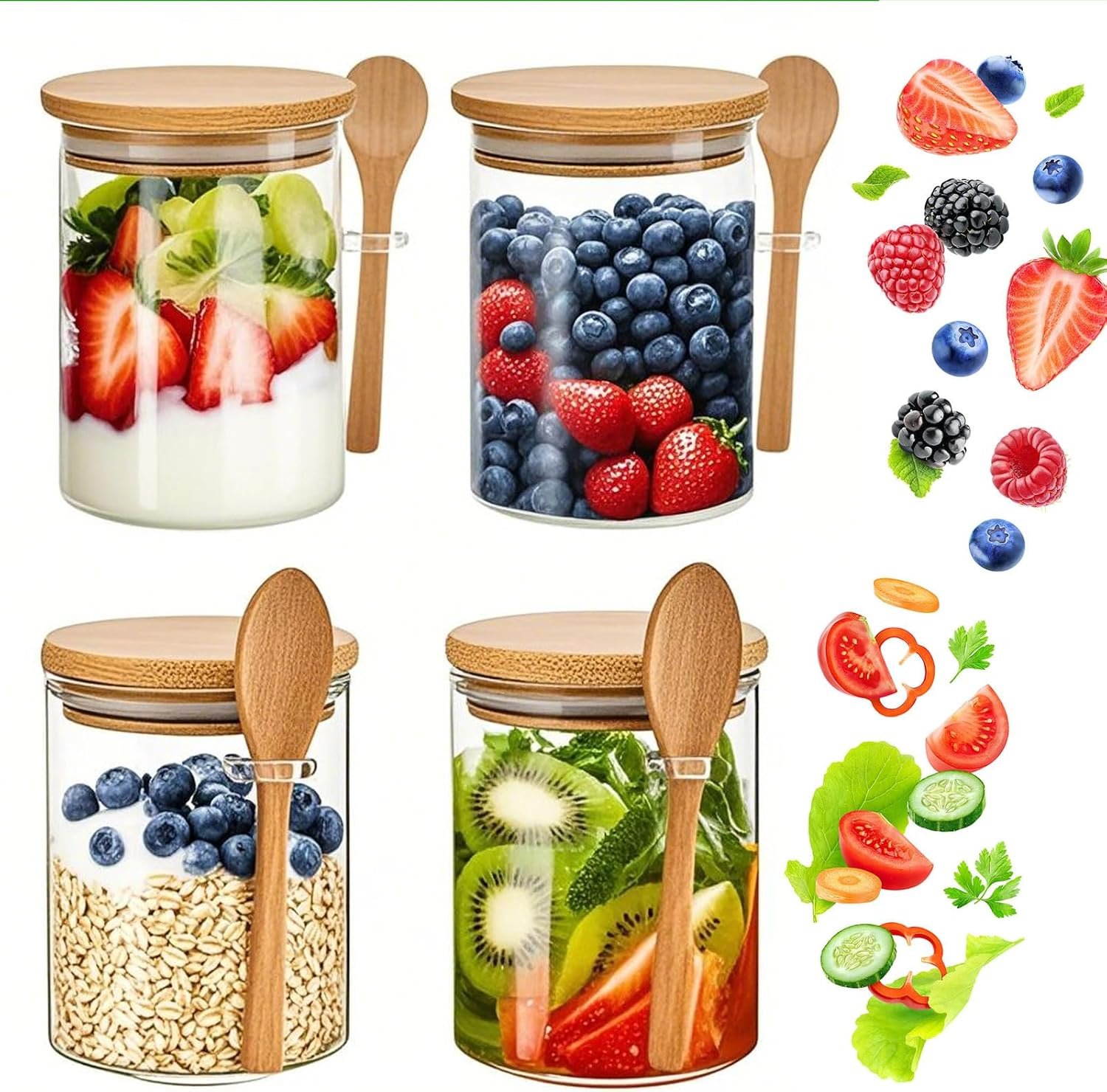 4-Pack 18.5Oz Glass Jars with Bamboo Lids and Spoons