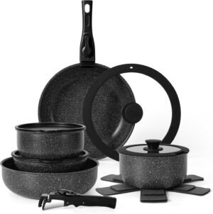 15-Piece Non-Stick Cookware Set with Detachable Handles Stackable