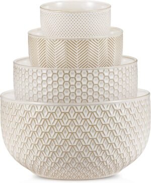Ivory Ceramic Embossed Nesting Mixing Bowl Set of 4