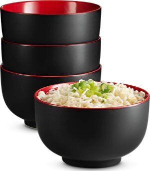 34 oz Black/Red Ceramic Ramen Noodle Bowl Set of 4