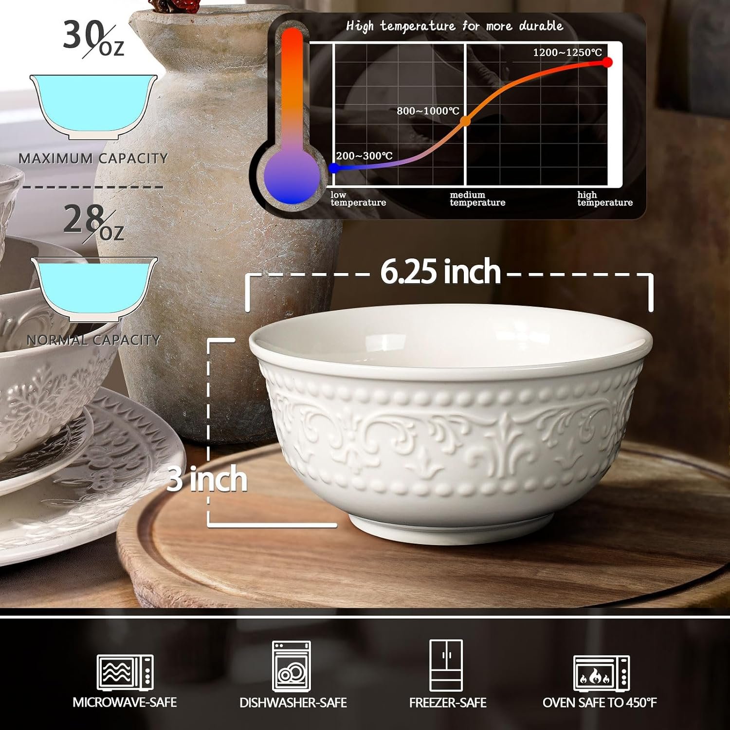 30 Oz Embossed White Cereal Soup Bowl Set of 4 Multiple Patterns - Image 2