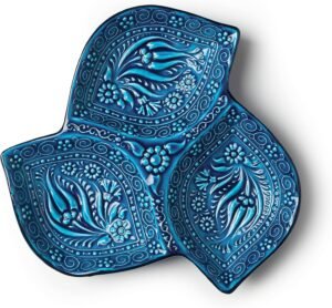 Blue Leaf Shaped 3-Compartment Ceramic Appetizer Plate