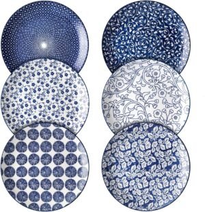8-Inch Vintage Blue Porcelain Serving Plates Set of 6