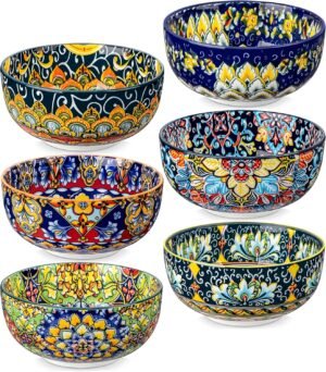 28 oz Bohemian Colorful Ceramic Soup Cereal Bowls Set of 6