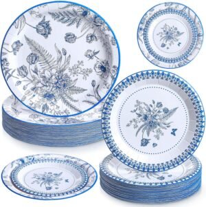 15-Piece Blue Floral Disposable Paper Plates 7 and 9 Inch